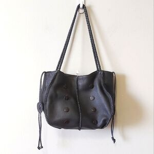 Carlos Falchi Black Pebble Leather Shoulder Bag Braided Handles Magnetic Closure